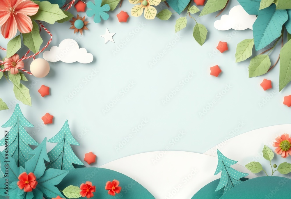 Papercraft floral frame with turquoise trees, white clouds, and orange stars on blue background. Papercraft floral frame with turquoise trees, white clouds, and orange stars on blue background.