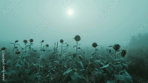 Misty morning over an endless field of sunflowers photo