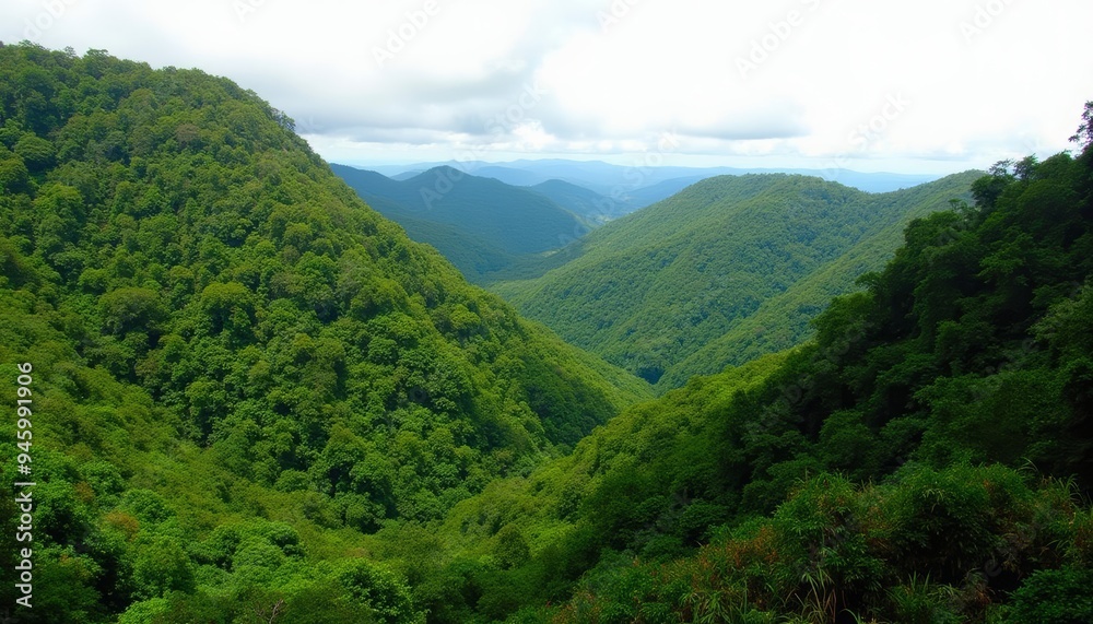 Vast verdant mountain valley under a cloudy sky Vast verdant mountain valley under a cloudy sky