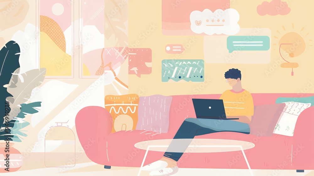 A person working on a laptop in a cozy, colorful living room setting. A person working on a laptop in a cozy, colorful living room setting.
