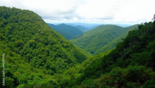 Vast verdant mountain valley under a cloudy sky