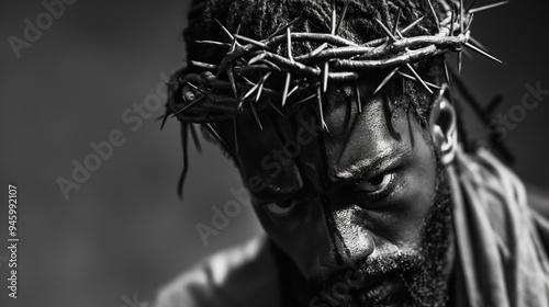 Black Jesus Christ portrait with crown of thorns on his head in photorealistic black and white style. Close-up image of Christian messiah face, expression of sacrifice and love.