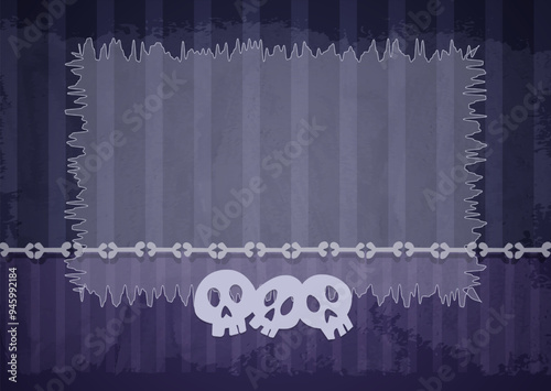 Halloween illustration background with frame of aged old room with blue striped grunge wallpaper, bones and party banner