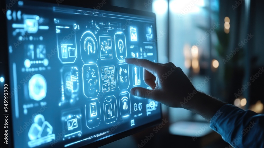 Interactive Interface with Blue Glowing Icons Interactive Interface with Blue Glowing Icons