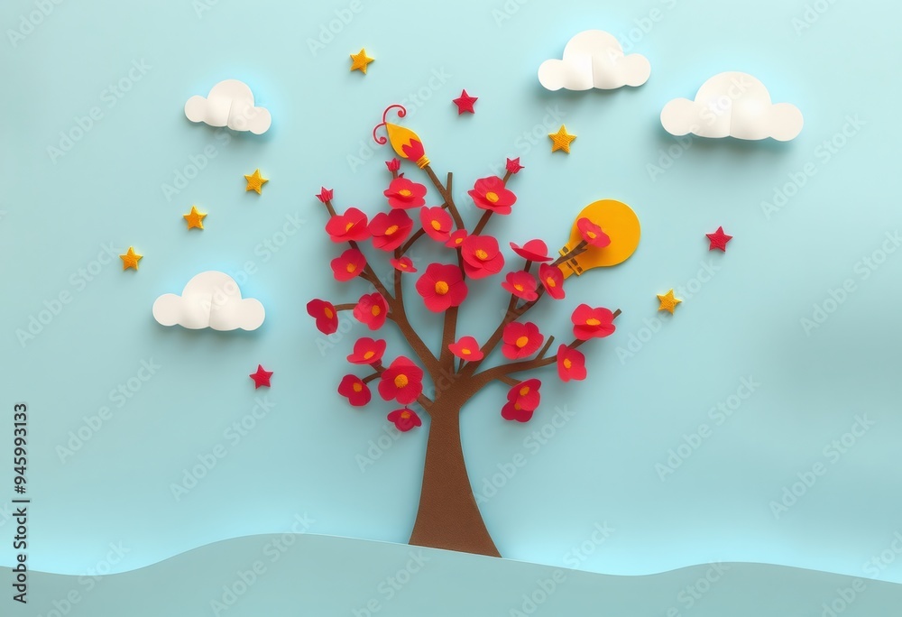 Paper cut-out tree with red blossoms, clouds, and stars, featuring a lightbulb for inspiration. Paper cut-out tree with red blossoms, clouds, and stars, featuring a lightbulb for inspiration.