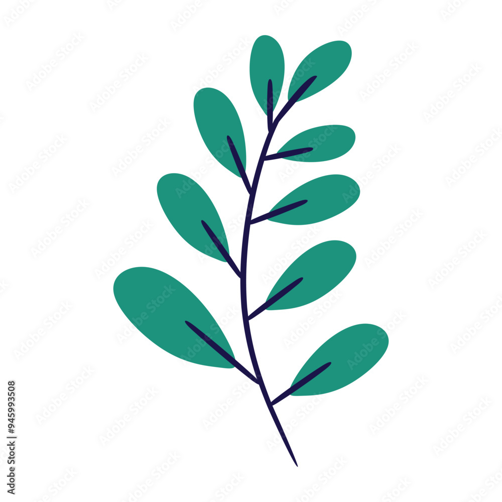 Simple and stylized branch with multiple teal leaves and a dark blue stem. Perfect for minimalist designs, branding, and social media graphics. Simple and stylized branch with multiple teal leaves and a dark blue stem. Perfect for minimalist designs, branding, and social media graphics.
