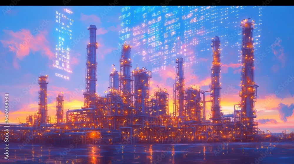 Photorealistic Oil and Gas Industry with Double Exposure of Digital Identity - Data Visualization Concept in Morning Light. AI generated illustration Photorealistic Oil and Gas Industry with Double Exposure of Digital Identity - Data Visualization Concept in Morning Light. AI generated illustration