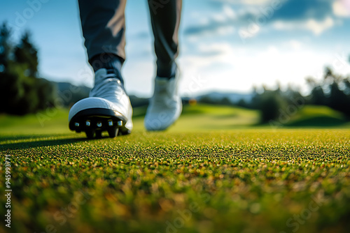 A vibrant scene depicting people playing golf on a lush green course, with golf clubs in hand