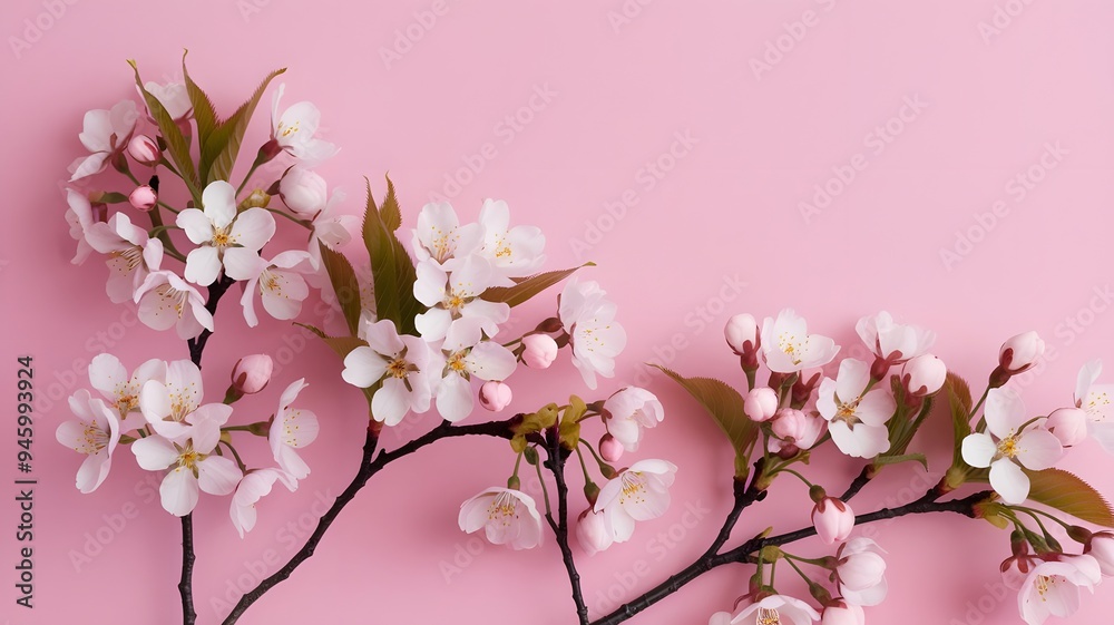 Cherry Blossom Branches on Pink Background with Aesthetic Composition Cherry Blossom Branches on Pink Background with Aesthetic Composition