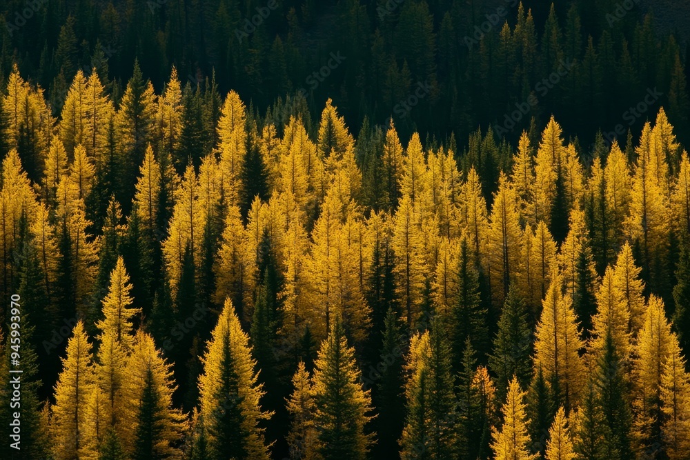 An autumn forest of larch trees displaying vibrant shades of yellow and orange in the dark landscape of a mountainous region Stock Image An autumn forest of larch trees displaying vibrant shades of yellow and orange in the dark landscape of a mountainous region Stock Image