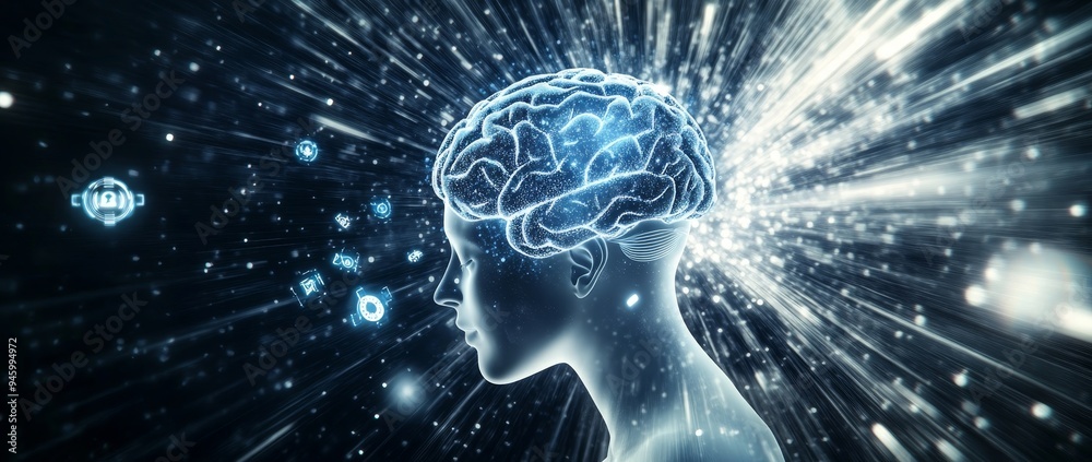 Fototapeta premium This is a blue digital head with a brain and gears inside it, with a black background and white light rays. Stock Photo