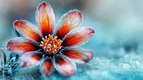   Red flower on blue surface with water drops