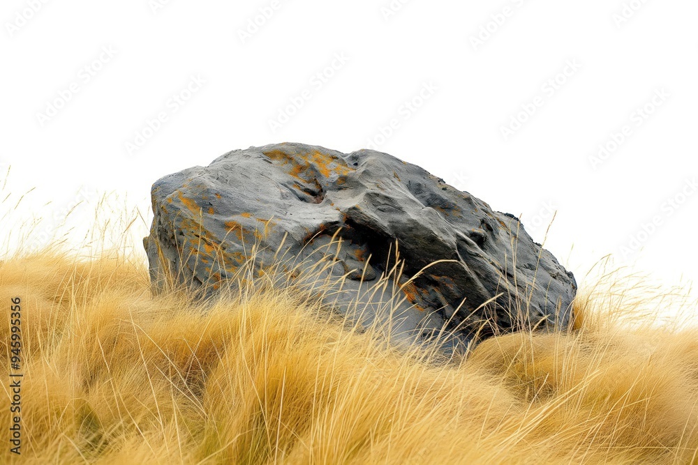 Obraz premium Gray granite rock isolated on a yellow grass background. Rough stone texture contrasting with bright colors. Ideal for composition as a standalone element.