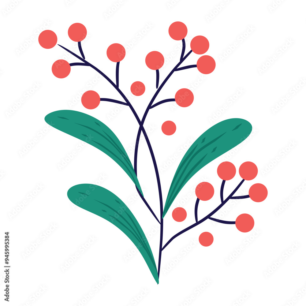 Simple, stylized floral branch with red berries and green leaves. Perfect for minimalist designs, branding, and social media graphics. Simple, stylized floral branch with red berries and green leaves. Perfect for minimalist designs, branding, and social media graphics.