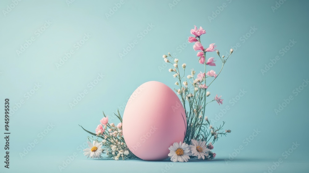 A pastel pink Easter egg nestled among delicate flowers on a soft pastel blue background, celebrating the beauty of spring and festive traditions.