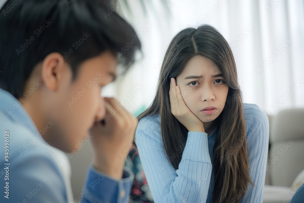 A couple in trouble, arguing on a couch. Asian young woman expresses upset, anger and sadness. Her husband shows indifference, causing distrust in their relationship. A couple in trouble, arguing on a couch. Asian young woman expresses upset, anger and sadness. Her husband shows indifference, causing distrust in their relationship.