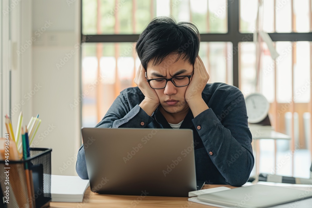 Asian young businessman struggles with stress and exhaustion while working late on laptop computer. He looks tired, frustrated, and overwhelmed with work problems, debt, and personal issues. Asian young businessman struggles with stress and exhaustion while working late on laptop computer. He looks tired, frustrated, and overwhelmed with work problems, debt, and personal issues.