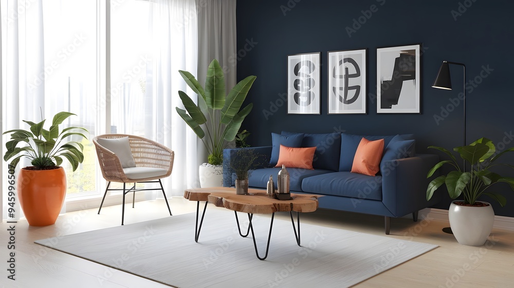Modern Minimalist Living Room with Blue Sofa and Abstract Art Modern Minimalist Living Room with Blue Sofa and Abstract Art