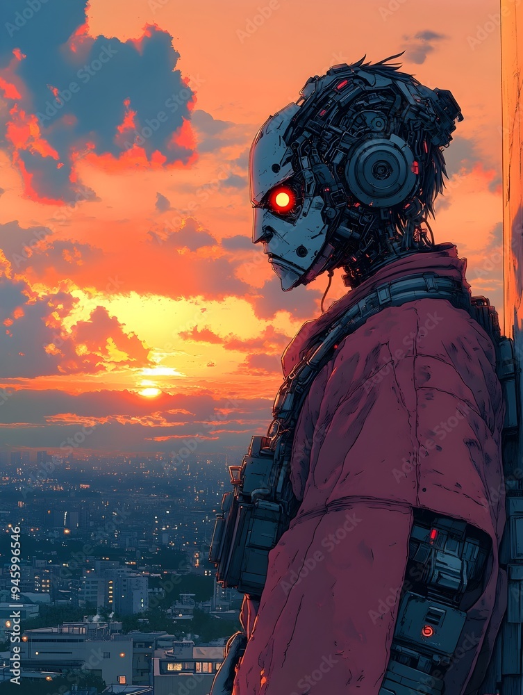Robotic Oni Mask Hero Stands on Rooftop With Sunset Cityscape Robotic Oni Mask Hero Stands on Rooftop With Sunset Cityscape