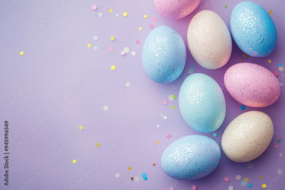 Holographic foil glitter Easter eggs nestled on a pastel purple surface, celebrating the joyful spirit of Easter festivities. Holographic foil glitter Easter eggs nestled on a pastel purple surface, celebrating the joyful spirit of Easter festivities.