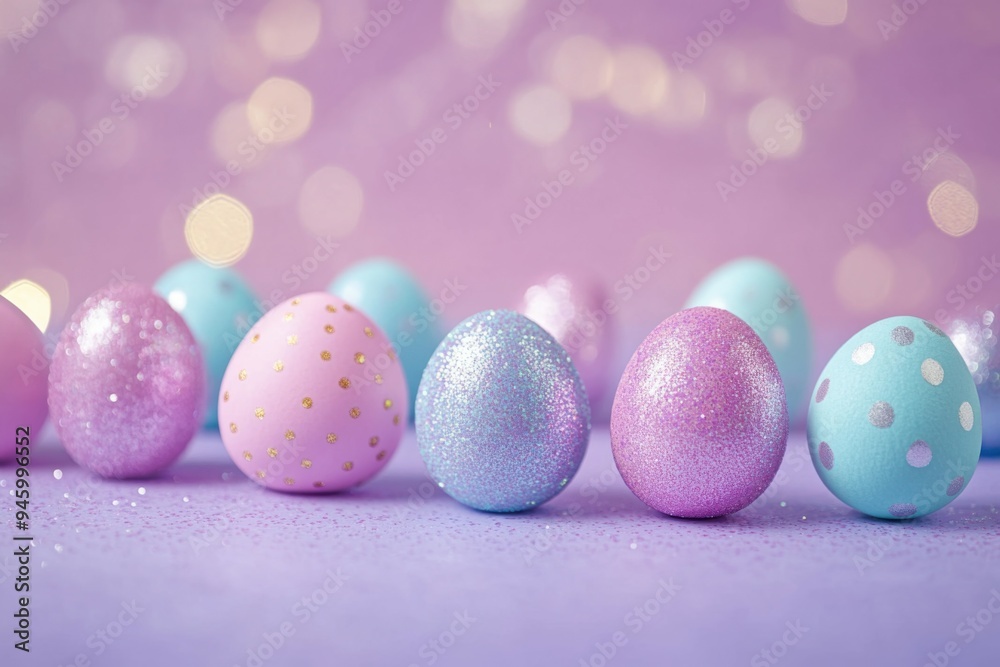 Holographic foil glitter Easter eggs nestled on a pastel purple surface, celebrating the joyful spirit of Easter festivities. Holographic foil glitter Easter eggs nestled on a pastel purple surface, celebrating the joyful spirit of Easter festivities.