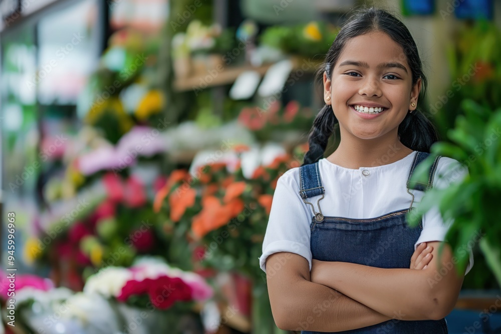 Young latin woman in casual attire smiling happy standing at florist shop. Wears apron, surrounded by beautiful flowers, green plants. Woman owner employee of business, enjoying occupation, lifestyle. Young latin woman in casual attire smiling happy standing at florist shop. Wears apron, surrounded by beautiful flowers, green plants. Woman owner employee of business, enjoying occupation, lifestyle.