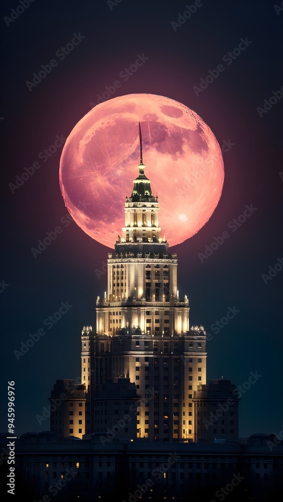Obraz premium Cinematic Photo of a Building and the April Pink Moon in Boston, Capturing the Night Sky after the Full Moon Night