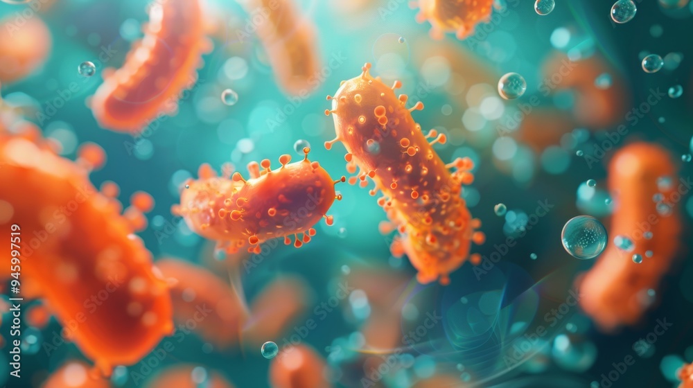 Close-up image of orange nutrient molecules floating in a blue liquid, representing the microscopic world of gut health