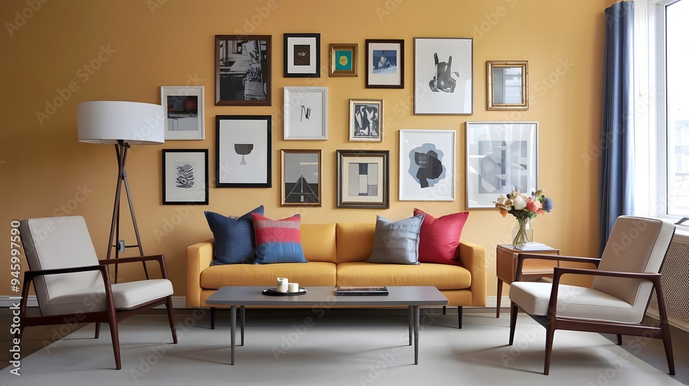 Stylish Mid-Century Modern Living Room with Yellow Sofa and Eclectic Gallery Wall Stylish Mid-Century Modern Living Room with Yellow Sofa and Eclectic Gallery Wall