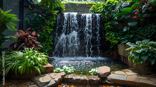 Luxurious waterfall garden inside the house,16K,photostock style