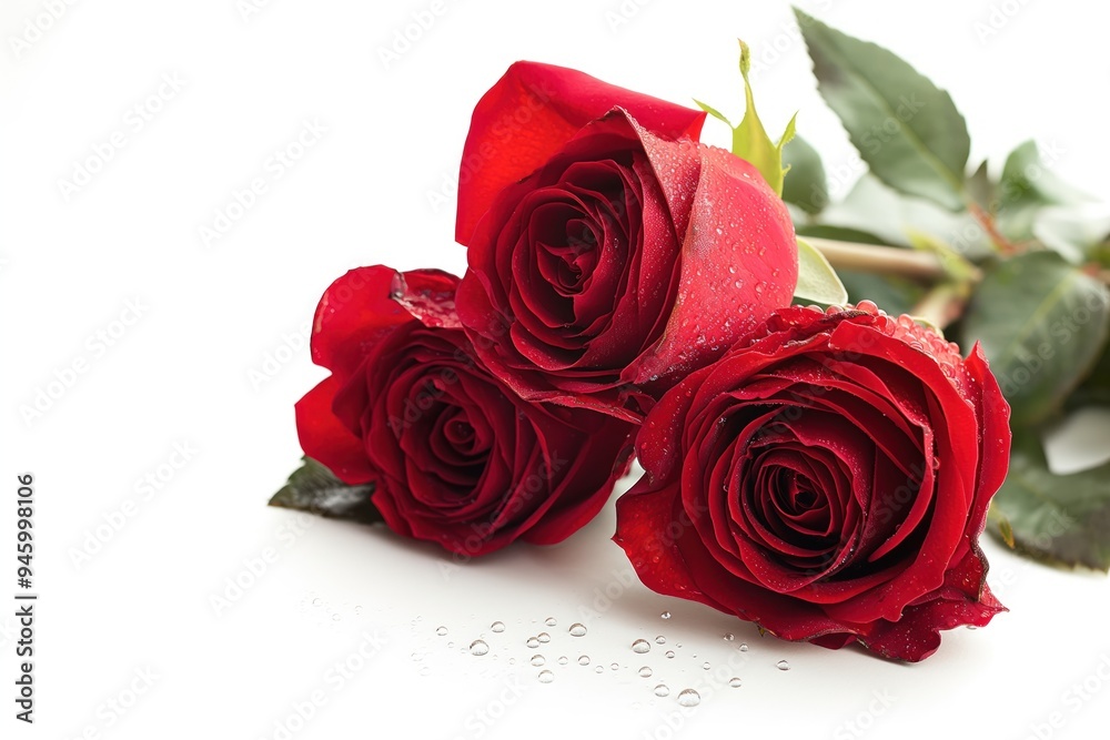 Red rose flowers with water drops on white background. Isolated close-up of single rose bud with dew drops. Romance, love, beauty and nature elements. Red rose flowers with water drops on white background. Isolated close-up of single rose bud with dew drops. Romance, love, beauty and nature elements.