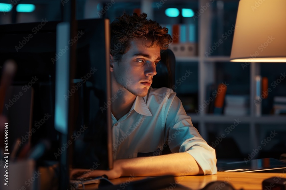 © miss irine - Young male employee works at office desk late at night. He is tied-up in paperwork, reports, and computer. Overworked, exhausted, and unhappy, he struggles with workload, deadline, and overtime. © miss irine - Young male employee works at office desk late at night. He is tied-up in paperwork, reports, and computer. Overworked, exhausted, and unhappy, he struggles with workload, deadline, and overtime.