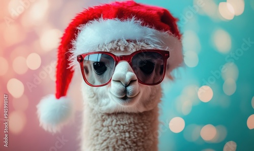 A quirky llama sports stylish sunglasses and a cheerful Santa hat, bringing festive joy against a sparkling holographic background, perfect for spreading holiday cheer
