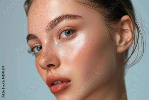 Close-up Portrait of a Young Woman with Glowing Skin, Featuring a Focus on Her Eye, Freckles, and a Shimmering Highlight, Capturing Natural Beauty and Radiant Complexion.