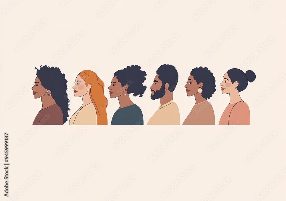 This flat illustration shows a group of varying ethnicities standing side-by-side in profile, their faces facing the viewer. This flat illustration shows a group of varying ethnicities standing side-by-side in profile, their faces facing the viewer.