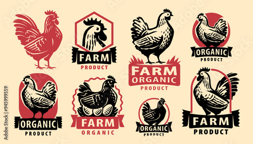 Chicken logo elements. Healthy organic farm meat and eggs concept. Set of emblems, badges, stamps vector illustration