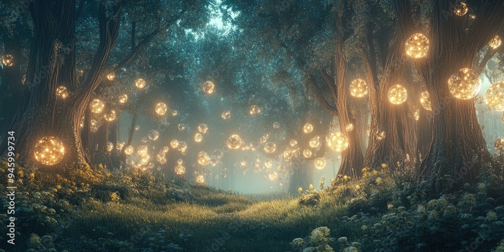 Obraz premium Enchanted forest with glowing orbs.