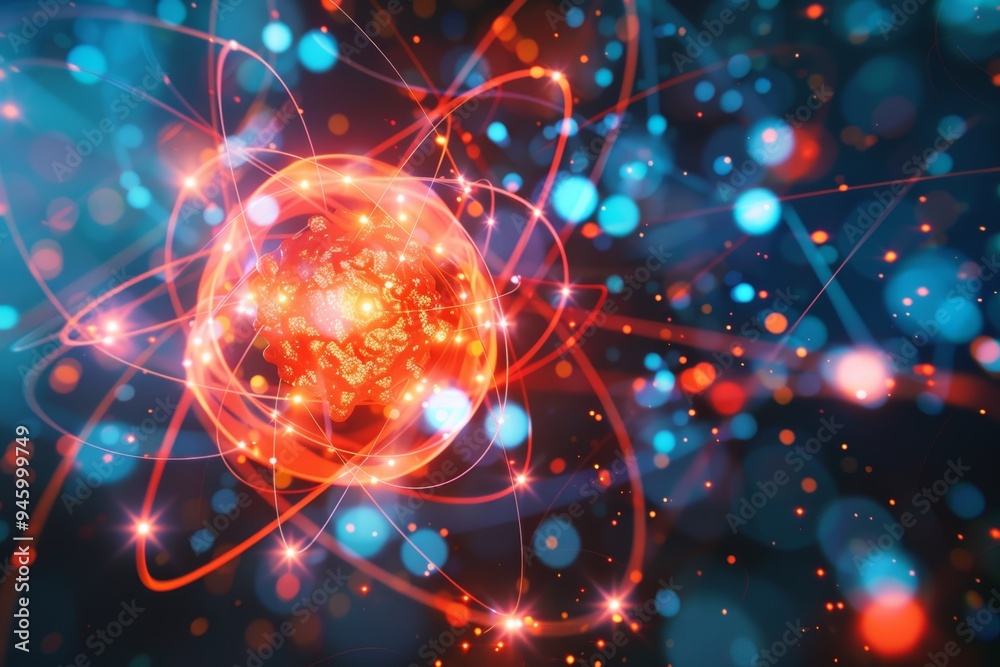 Glowing Atomic Structure with Abstract Orbits and Particles - Modern Artistic Science Concept Glowing Atomic Structure with Abstract Orbits and Particles - Modern Artistic Science Concept