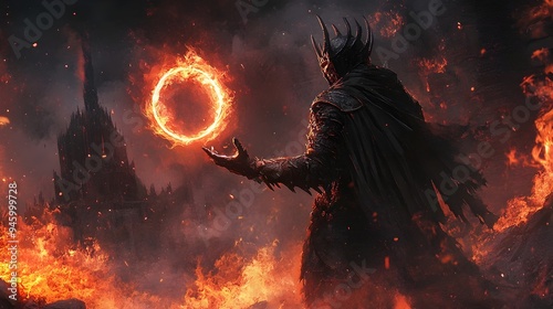 Menacing Dark Lord in Spiked Armor Wielding Glowing Ring Amid Raging Flames and Ominous Fortress