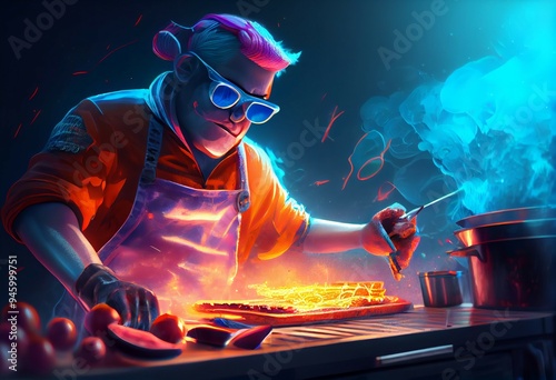 A cool cook with glasses cooks food on fire. An elderly man chef is cooking steaks on fire, photo Art style. High dynamics in the photo, beautiful composition, cooking. Neon-style picture 