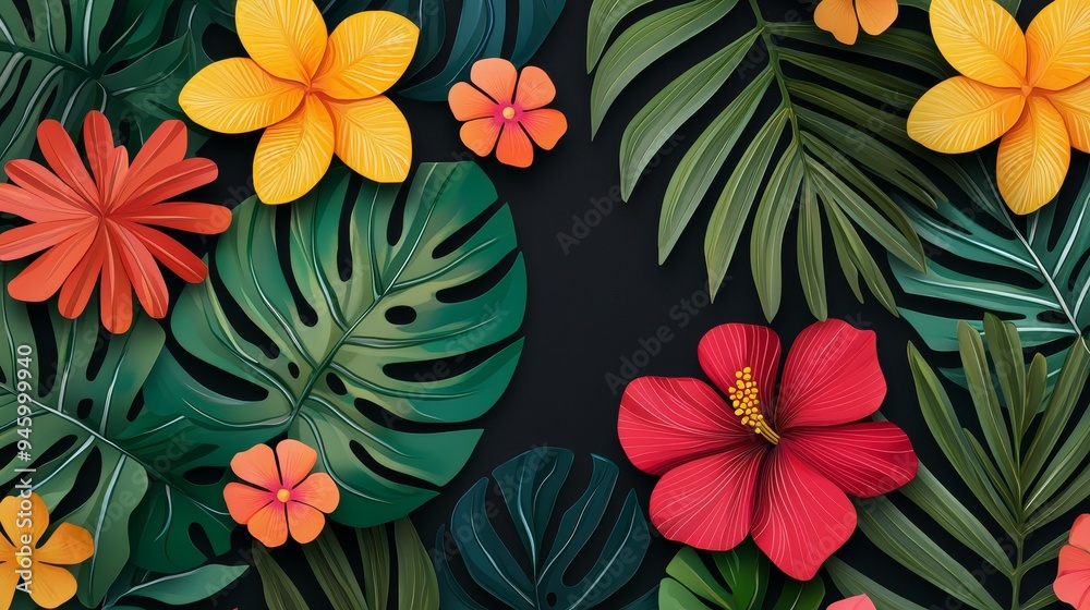 A pattern of tropical leaves and flowers, with bright, vibrant colors and a lush, jungle feel A pattern of tropical leaves and flowers, with bright, vibrant colors and a lush, jungle feel