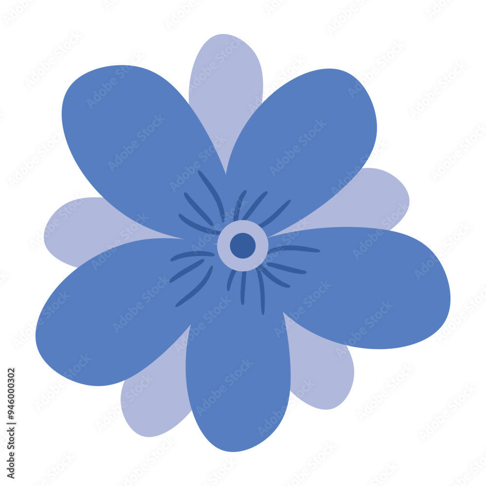 A stylized blue flower with six rounded petals and a small, dark center for floral and decorative theme illustration. A stylized blue flower with six rounded petals and a small, dark center for floral and decorative theme illustration.