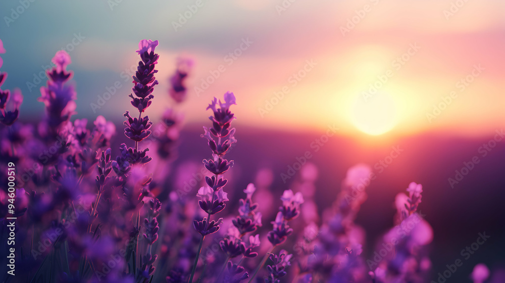 Naklejka premium Field Lavender Flowers With The Sun The