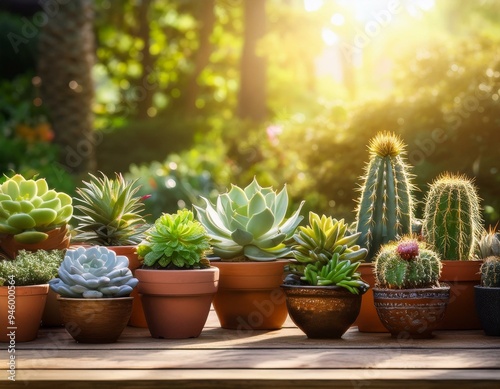Wallpaper Mural A Lush Collection of Potted Succulents and Cacti on a Wooden Table in a Sunlit Garden Torontodigital.ca