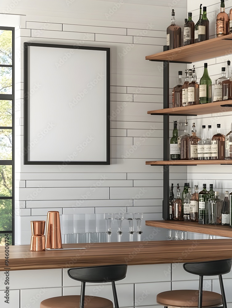 Fototapeta premium Charming farmhouse style home bar interior with a mockup frame displayed on a shiplap accent wall complemented by subway tile open shelving and copper accents