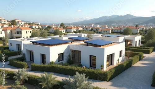 Modern architectural marvel with solar panels set against a mountain backdrop
