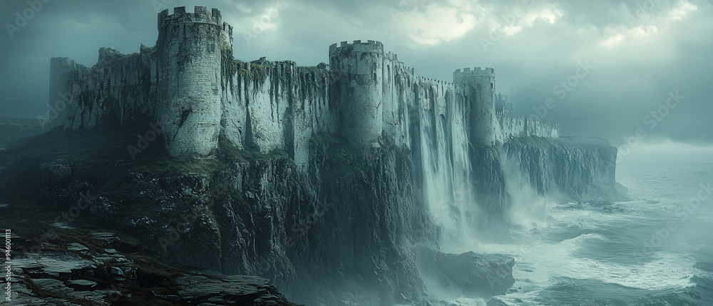 A cinematic view of an ancient castle perched on a cliffside, with storm clouds gathering overhead, evoking a sense of mystery and history. A cinematic view of an ancient castle perched on a cliffside, with storm clouds gathering overhead, evoking a sense of mystery and history.