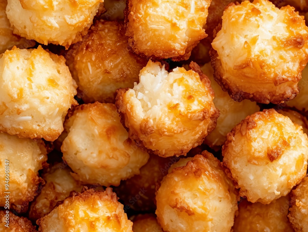 Golden Coconut Macaroons in a Close-Up View, Highlighting Their Crispy Exterior and Chewy Center, Perfect for Dessert, Snack, or Holiday Treat Concepts Golden Coconut Macaroons in a Close-Up View, Highlighting Their Crispy Exterior and Chewy Center, Perfect for Dessert, Snack, or Holiday Treat Concepts