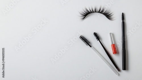 Professional Flat Lay Composition with Fake Eyelashes, Mascara, and Brush