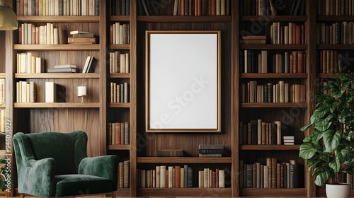 Charming of a farmhouse inspired home library with a layered wall display featuring various artwork a plush velvet armchair and wooden bookshelves  Vintage inspired decor creates a cozy photo